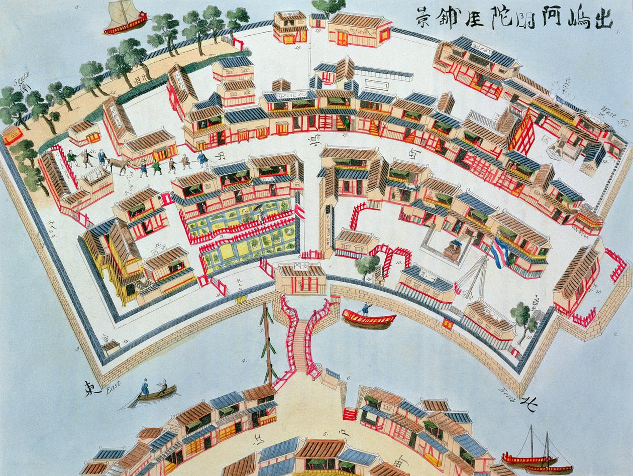 Plan over den hollandske fabrik på øen Desima i Nangasaki, fra Illustrationer af Japan af Isaac Titsingh (ca. 1740-1812), udgivet London, 1822 af Dutch School
