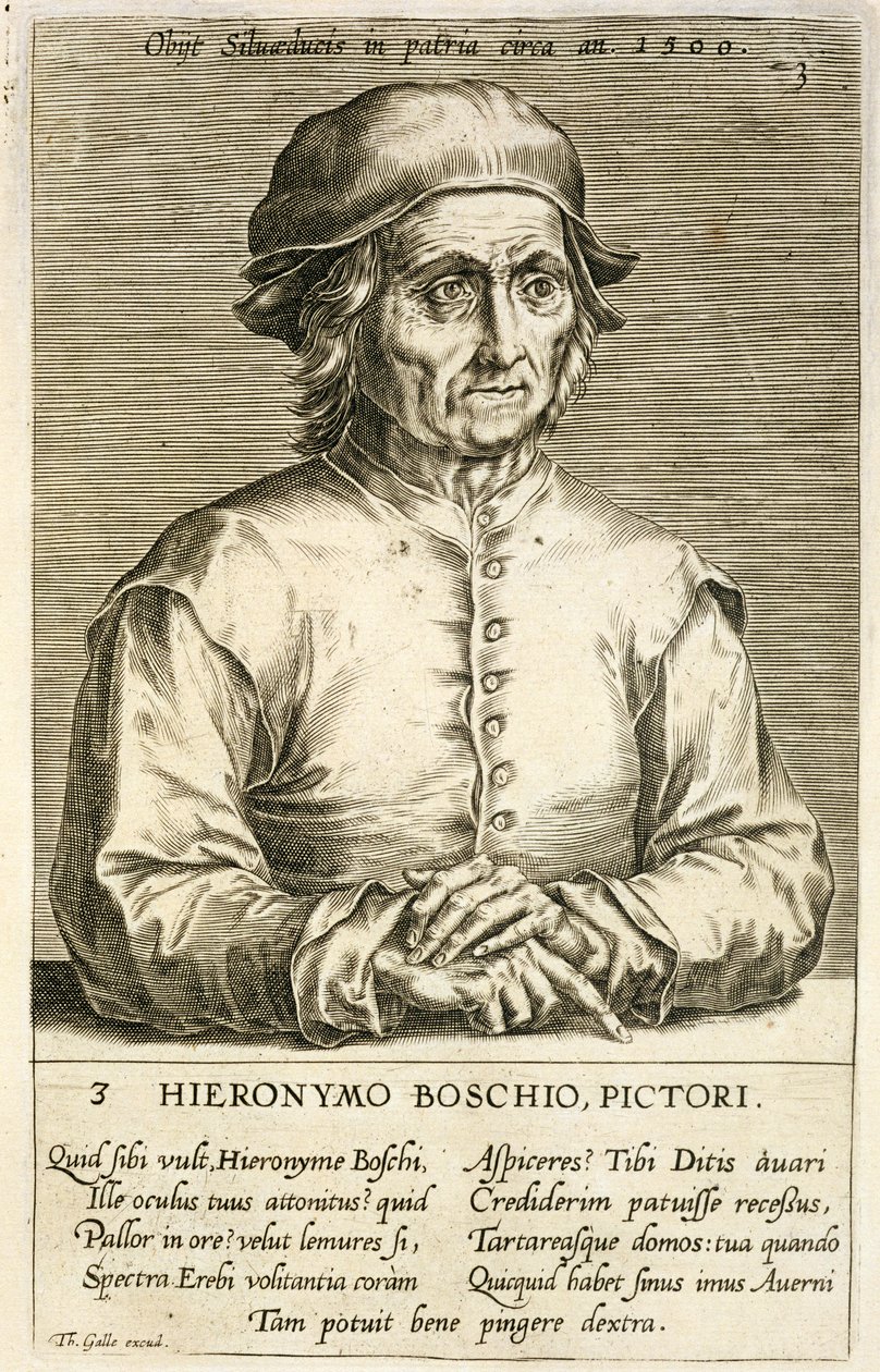 Portræt af Hieronymus Bosch (ca. 1450-1516) plade 3 i en serie portrætter af kunstnere, indgraveret af Theodor Galle (1571-1633) af Dutch School