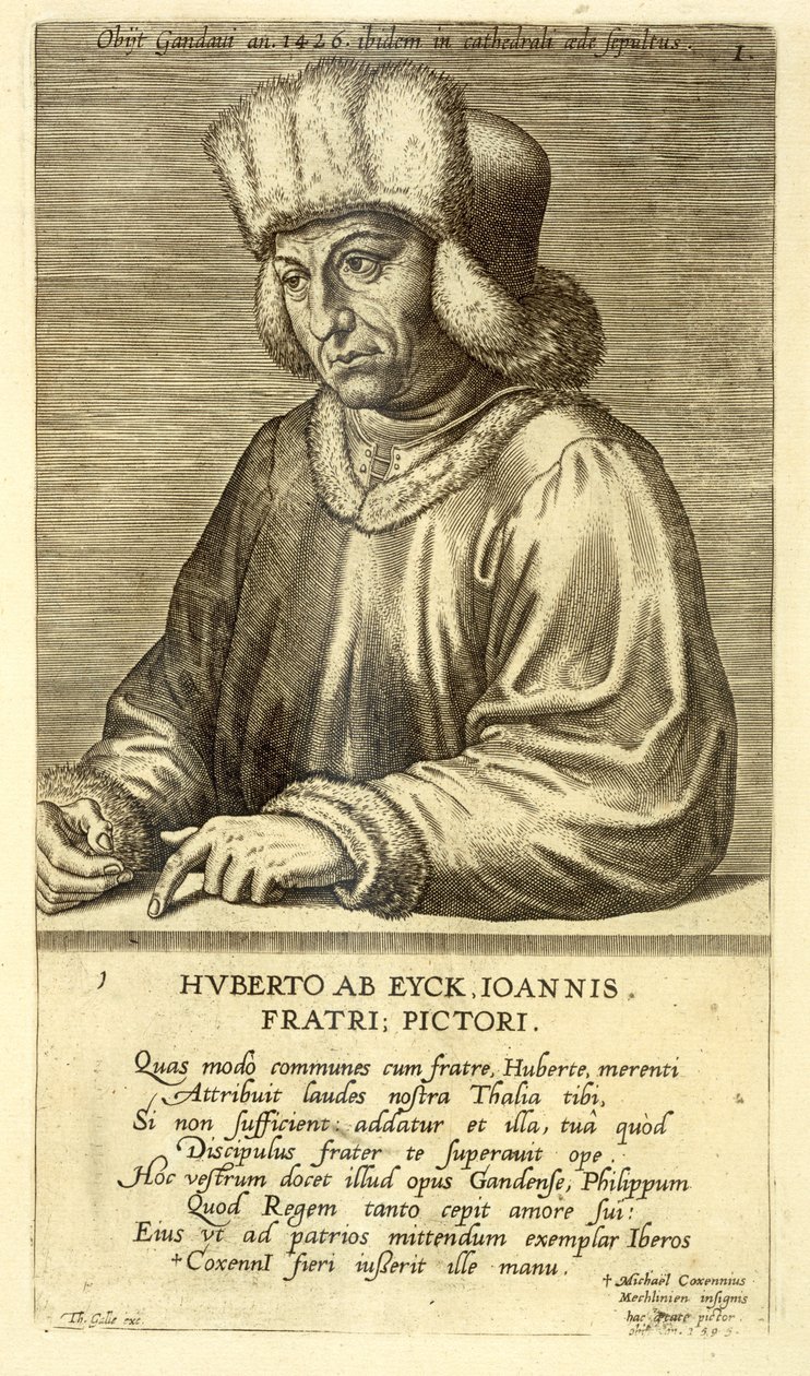 Portræt af Hubert van Eyck (1366-1426) plade 1 fra en serie portrætter af kunstnere, indgraveret af Theodor Galle (1571-1633) af Dutch School