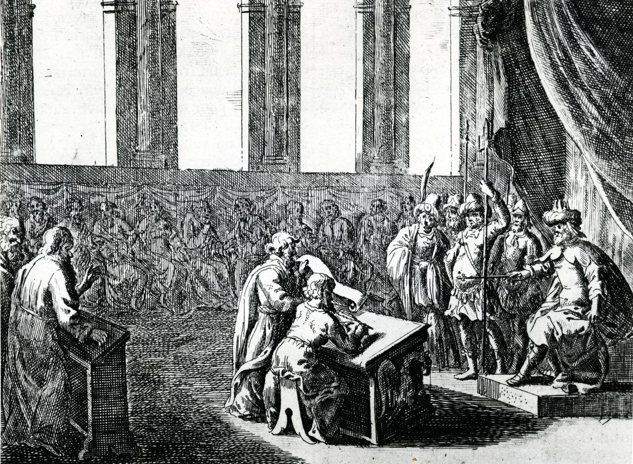 Ptolemæus Philadelphus, konge af Egypten, tilkalder 72 mænd fra Judæa for at oversætte jødisk lov til græsk, ca. 1700 af Dutch School