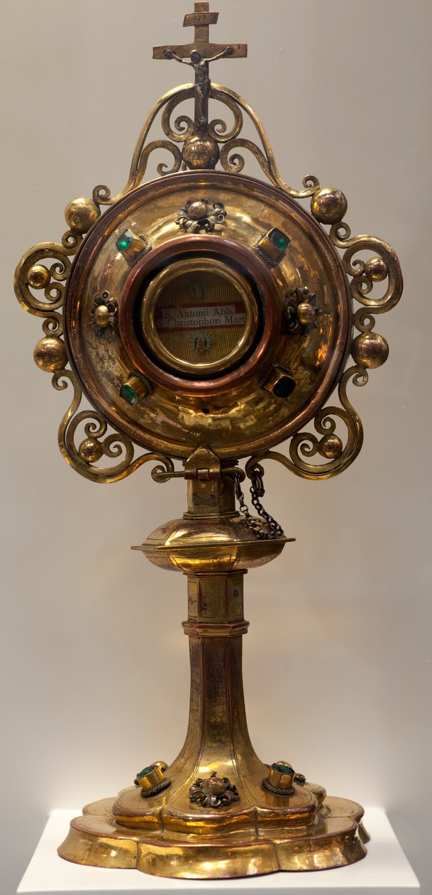 Relikvieskrin af Saint Antoine, Abbe og Saint Christophe, martyr, fremstillet i de sydlige lavlande, 1579, katedralens skattekammer, St. Michael og St. Gudula katedralen (metalværk) af Dutch School