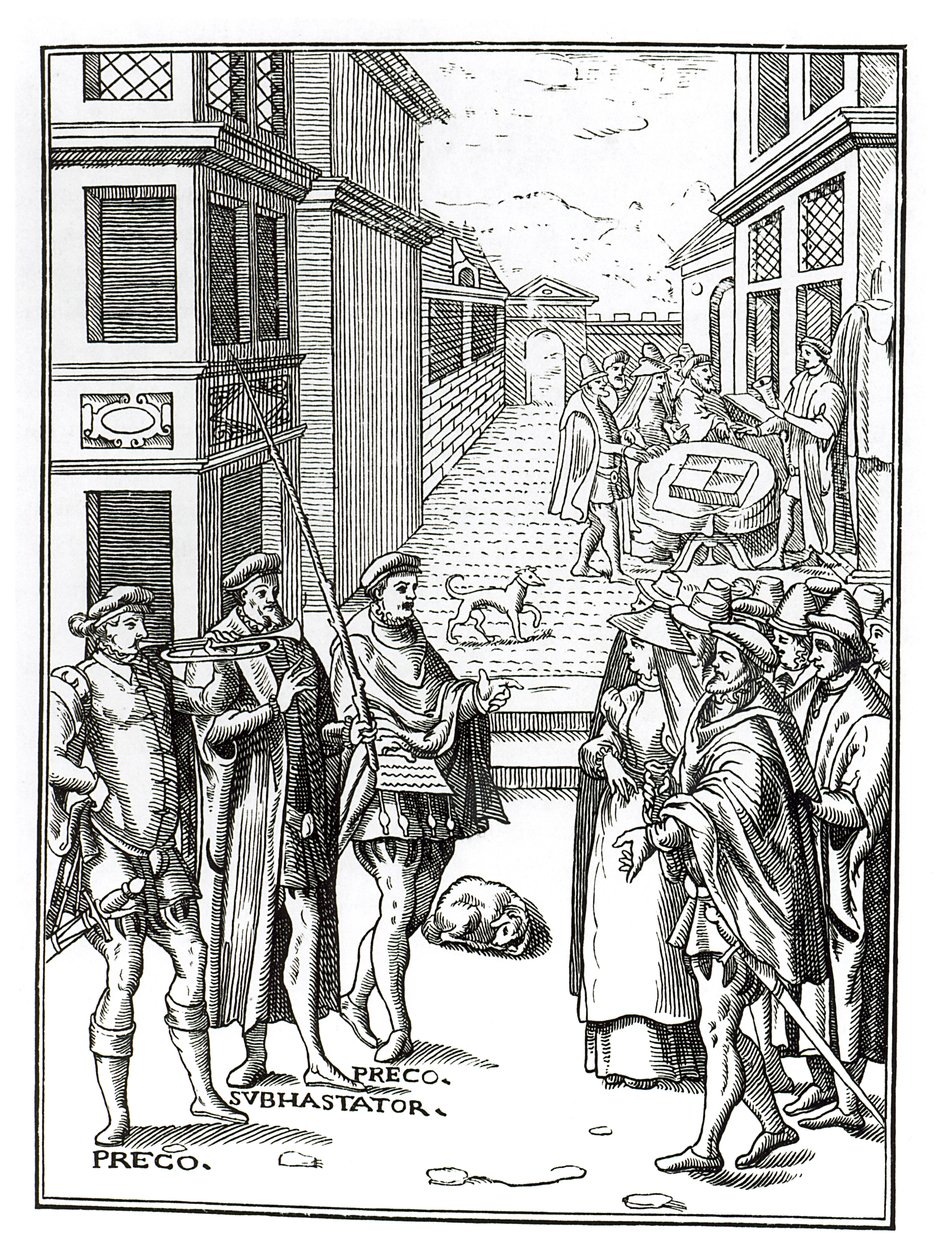 Salg af Town Crier, efter et træsnit i Praxis Rerum Civilium af Joos de Damhouder (1507-81) udgivet Antwerpen, 1557 af Dutch School