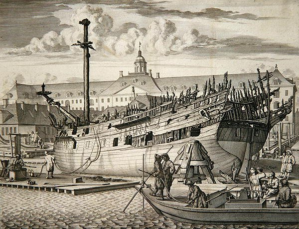 Skib der brød i brand foran det hollandske østindiske kompagnis marinearsenal af Dutch School