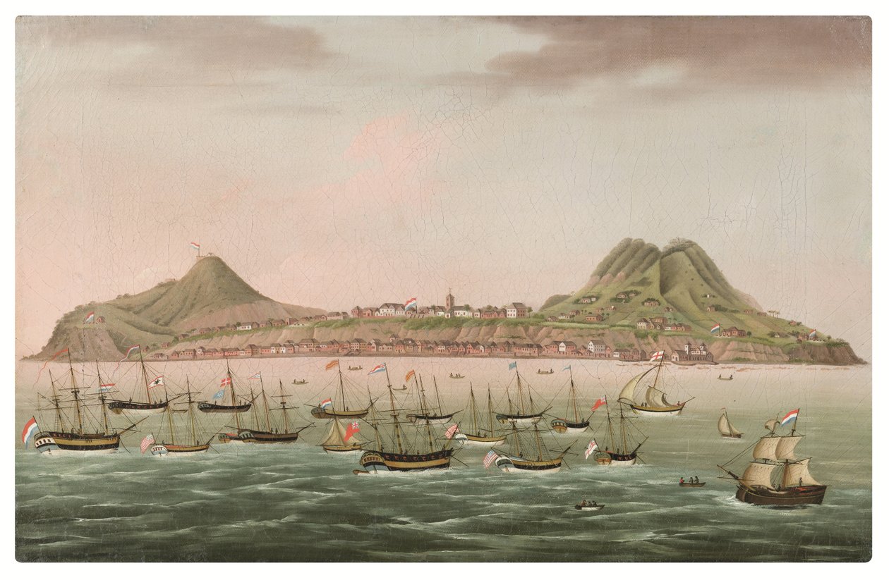 Sint Eustatius i De Hollandske Antiller, med vestindienere samlet på vejen ud for Oranjestad (olie på lærred) af Dutch School