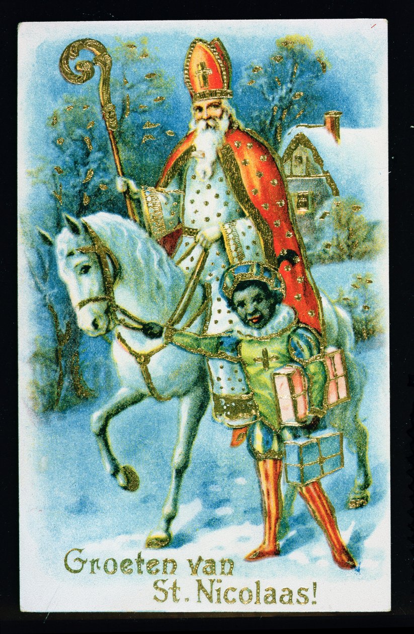 St.Nicholas og en sort hjælper, ca. 1890, hollandsk kort af Dutch School