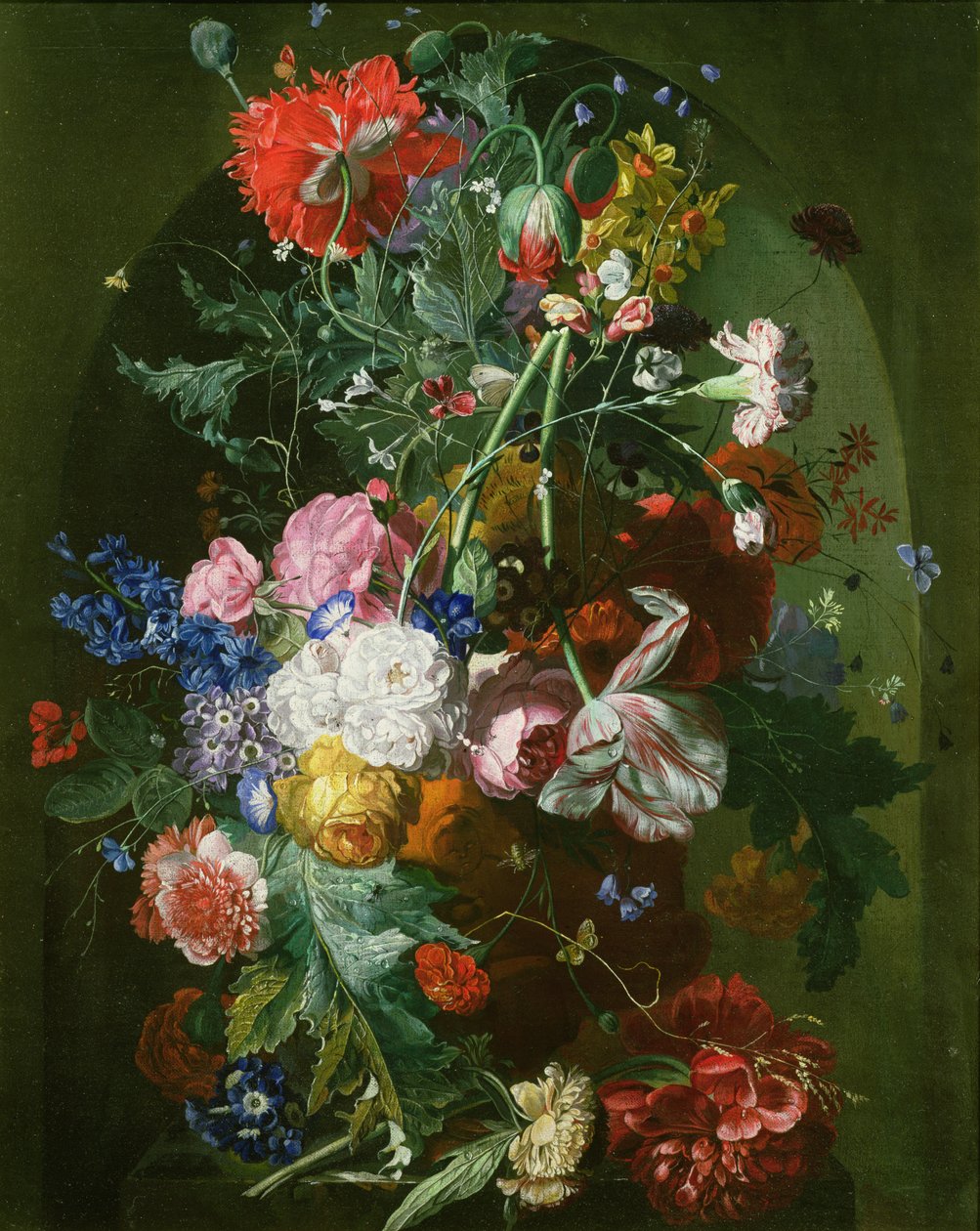 Stilleben af blomster i en terrakottavase i en niche af Dutch School