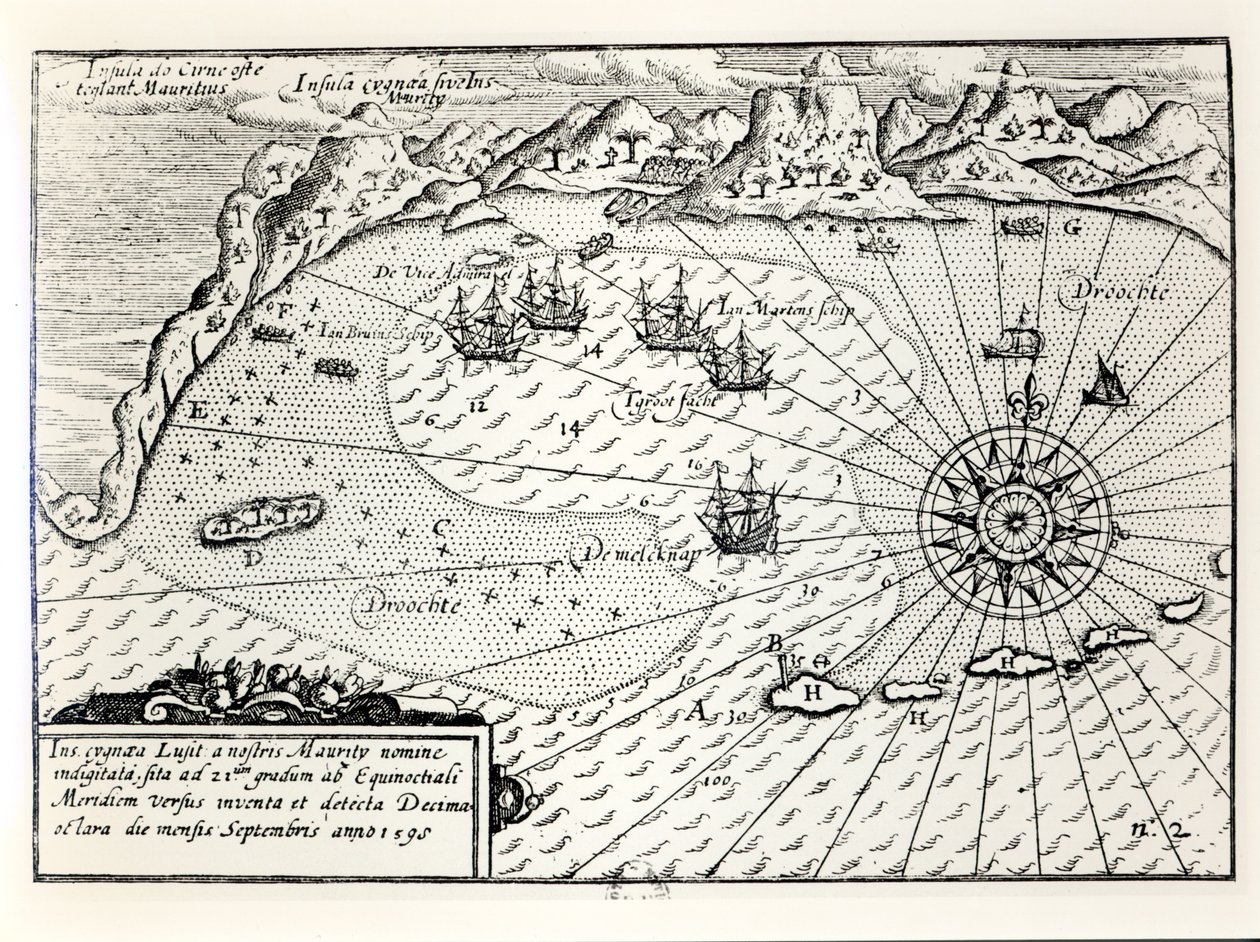 Viceadmiral Wybrandt Van Warwijcks-flotillens ankomst til Mauritius sydøstlige havn i september 1598 af Dutch School