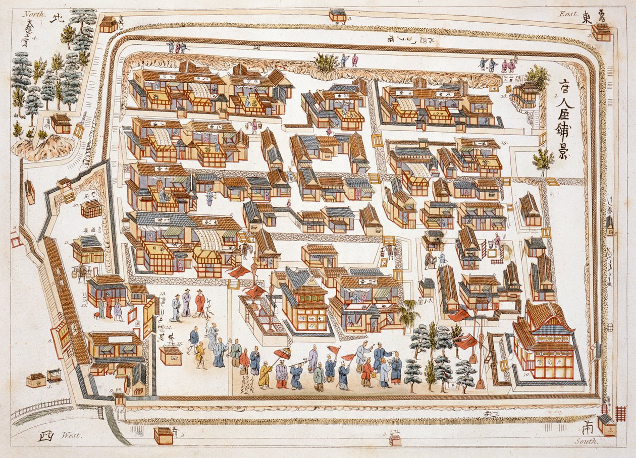 The Chinese Factory in the Street of Teng-chan i Nangasaki, grundlagt 1688, fra Illustrations of Japan af Isaac Titsingh (ca. 1740-1812), udgivet London, 1822 af Dutch School
