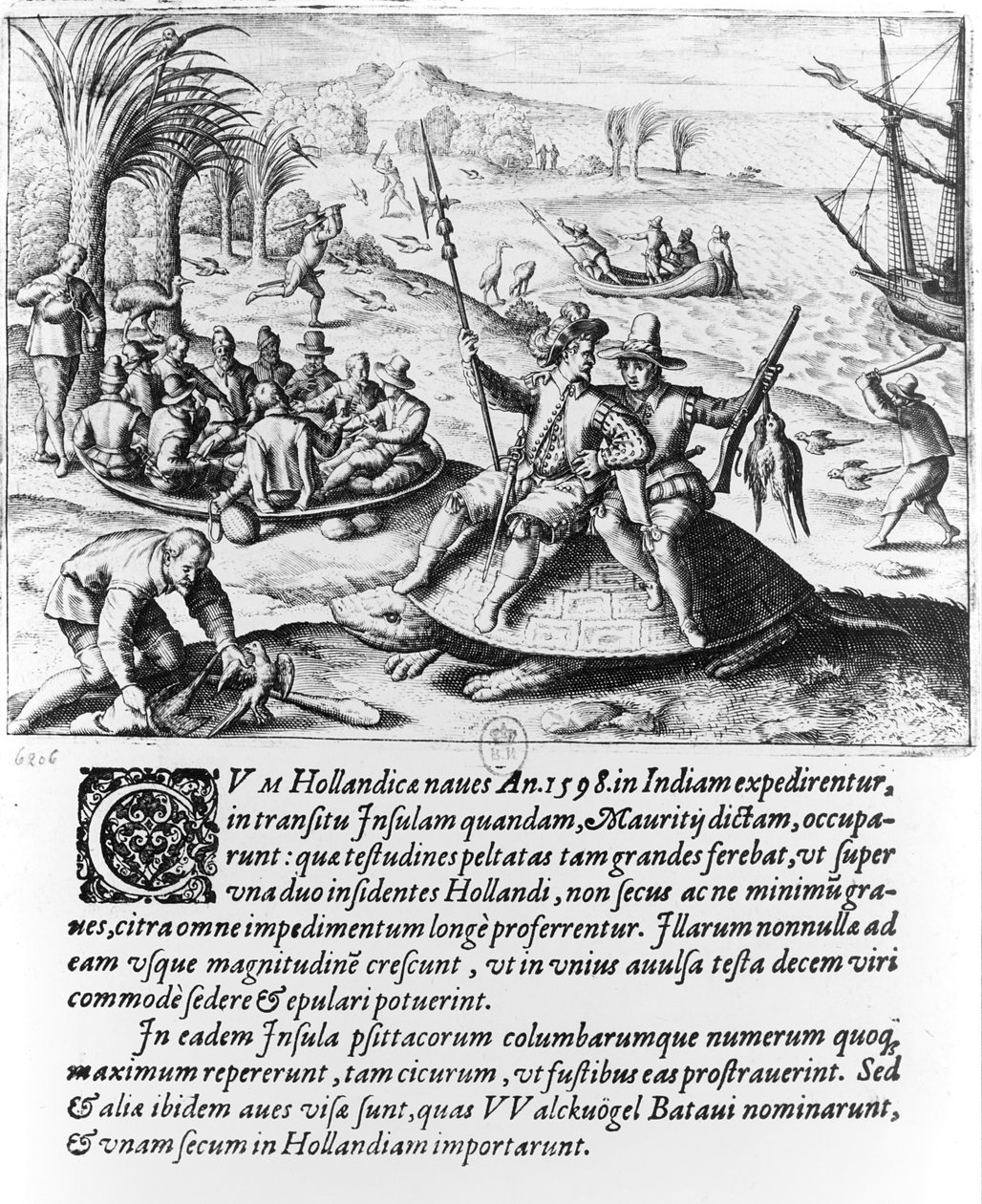 Hollænderne på Mauritius i 1598, indgraveret af de Bry af Dutch School