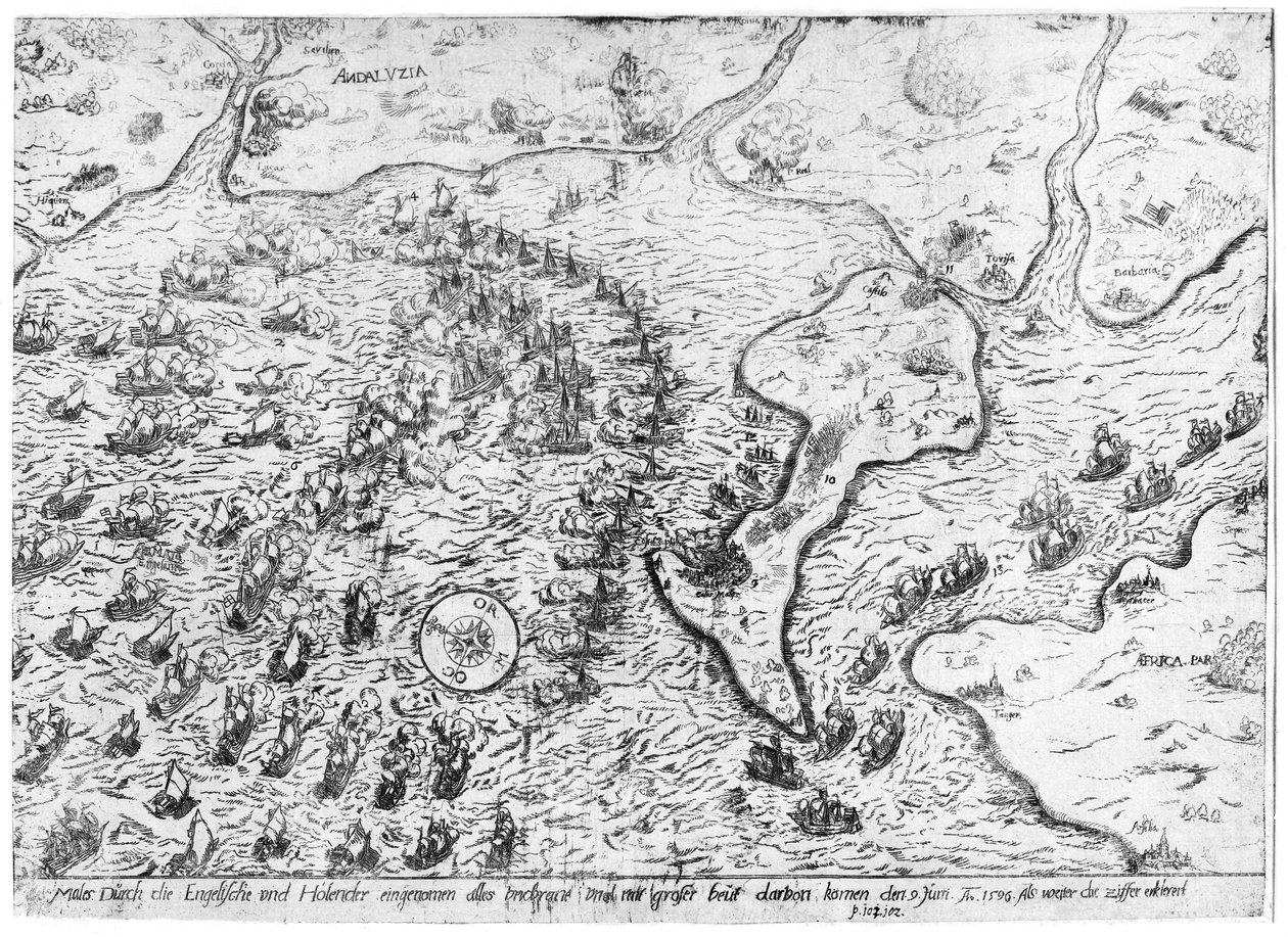 Den engelske og hollandske styrke mod den spanske flåde i havnen i Cadiz i 1596 af Dutch School