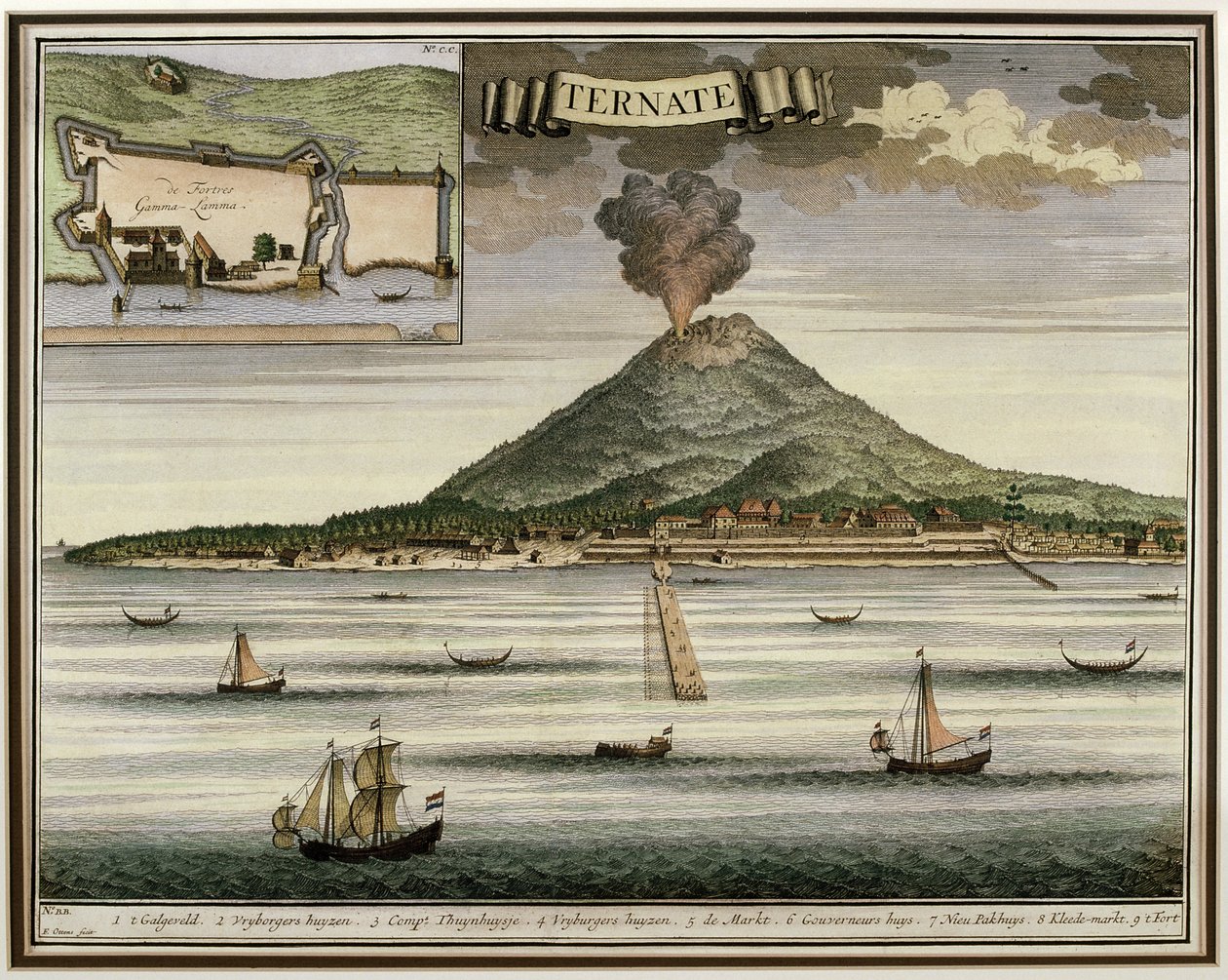 Øen Ternate, Molukkerne, Indonesien, illustration fra Oud Nieuw Oost-Indien, 1724-26 af Dutch School
