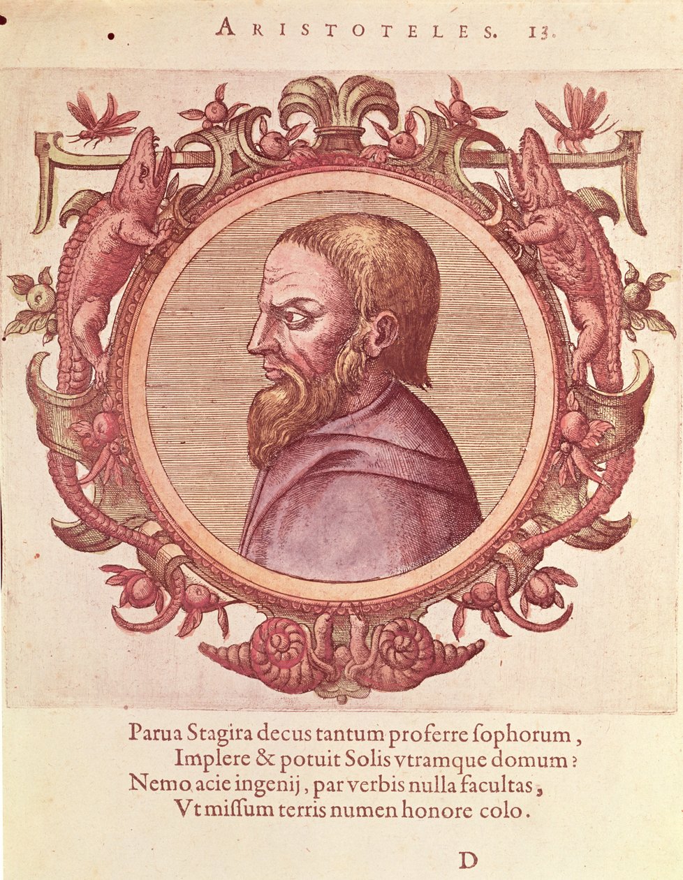 Filosoffen Aristoteles (384-322 f.Kr.), illustration fra oldtidens og nyere fysik og filosoffers ikoner af Johannes Sambucus (1531-1584), udgivet af Plantin i Antwerpen 1574 (farvegravering) af Dutch School