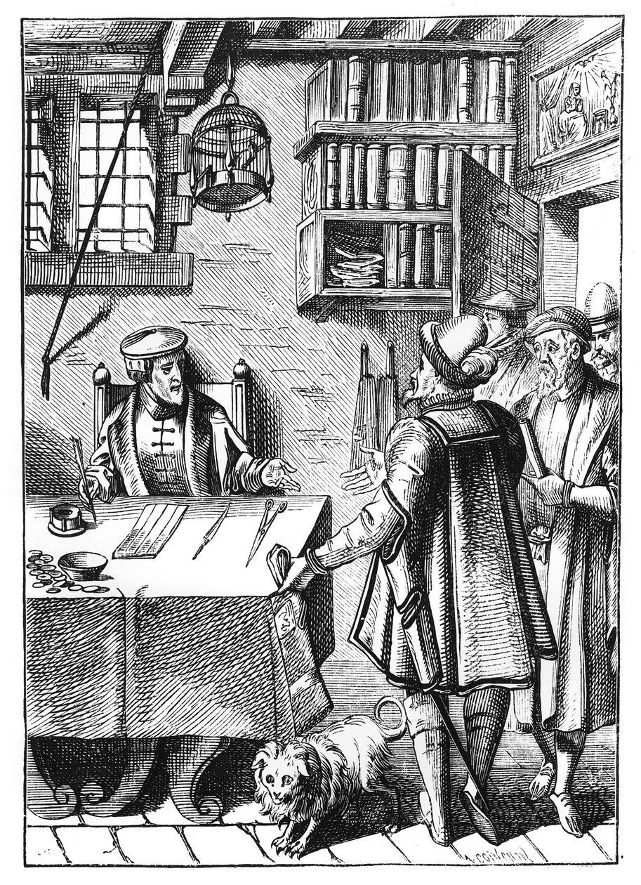 Skattemodtageren, efter et træsnit i Praxis Rerum Civilium af Joos de Damhouder (1507-81) udgivet Antwerpen, 1557 af Dutch School