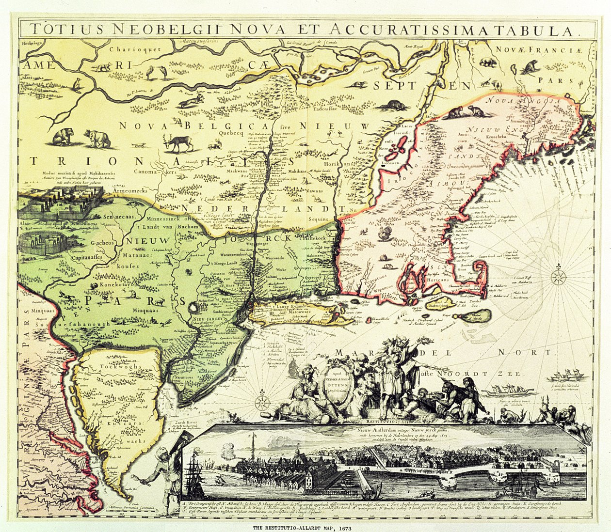 Restitutio-Allardt-kortet over New Amsterdam, indgraveret og pub. af Carolus Allardt, 1673 (kobberstik) af Dutch School