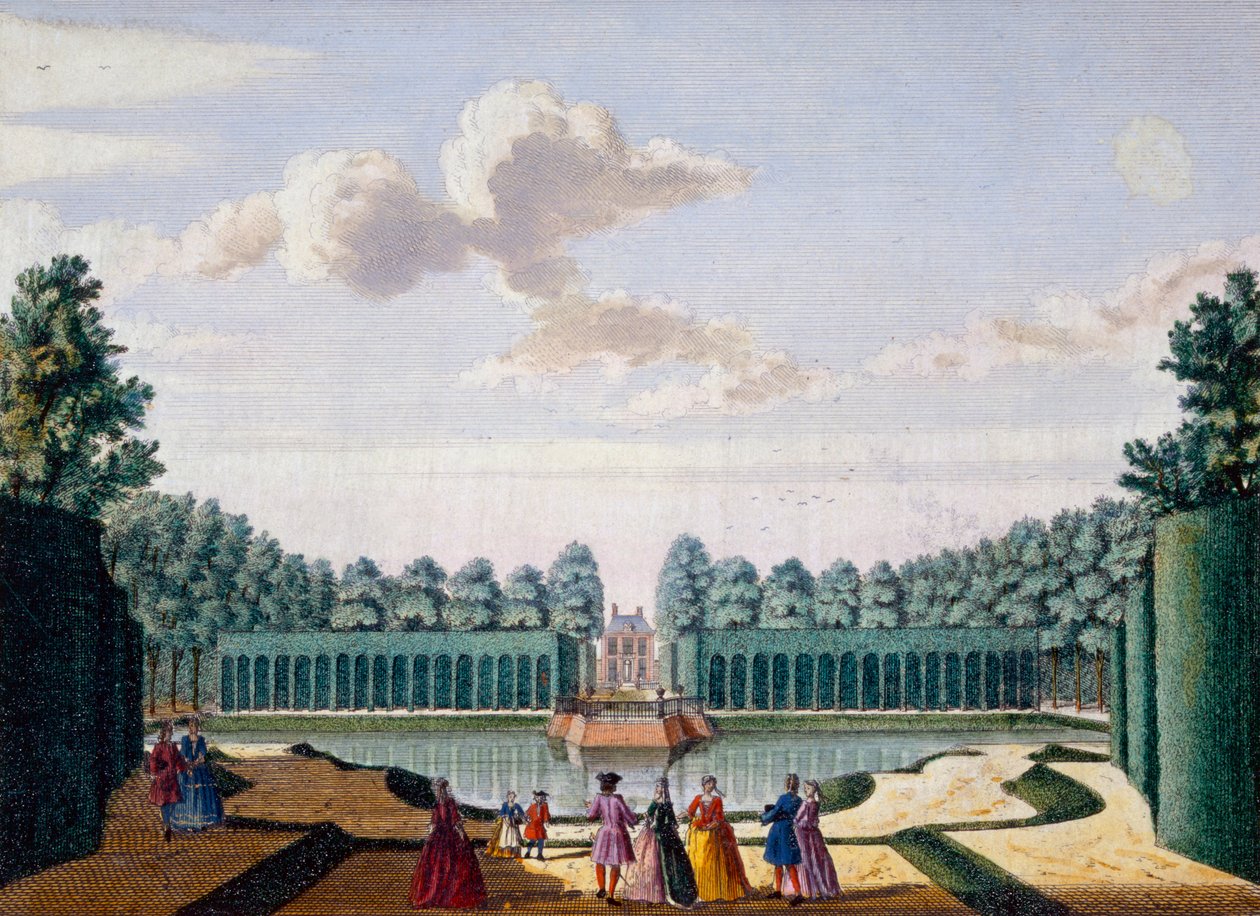 Stien ved siden af dammen mod huset, Meerestein, fra Het Zeganpralent Kennemerlant af Hendrick de Leth og Matthias Brouerius Van Nidek, udgivet ca. 1700-1730 af Dutch School