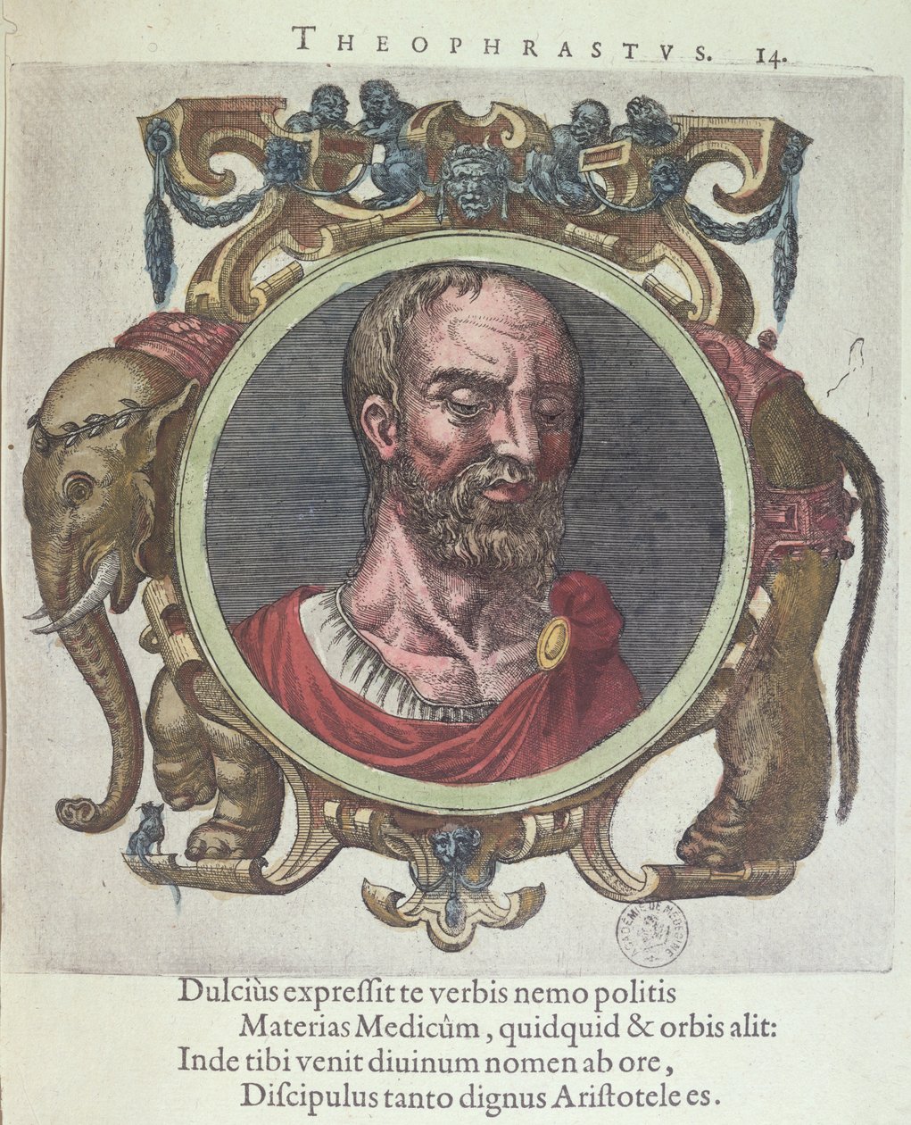 Theophrastus (ca. 372-287 f.Kr.), illustration fra Old and Recent Physics and Philosophers af Johannes Sambucus (1531-84), udgivet af Plantin i Leyden 1603 (farvestik) af Dutch School