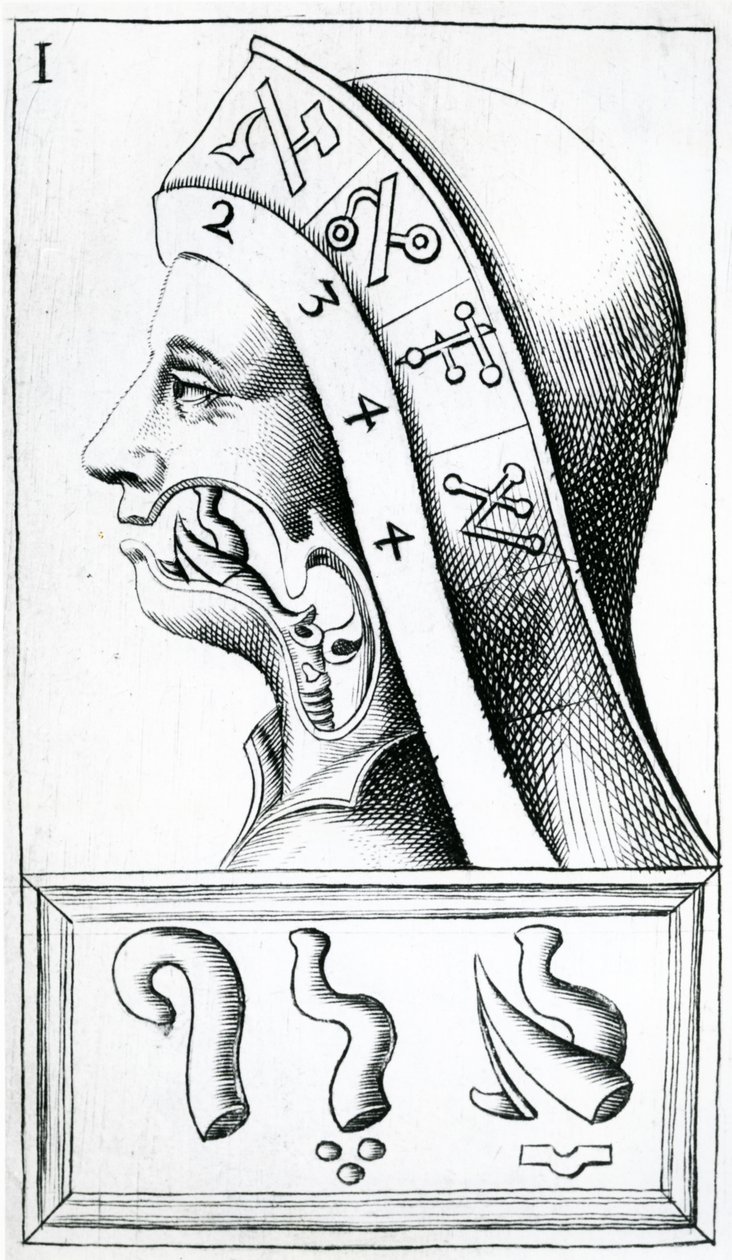 Halsbevægelser brugt i udtalen af det hebraiske alfabet, illustration fra Alphabetum Natura (Naturens alfabet) af F.M. van Helmont, 1667 af Dutch School