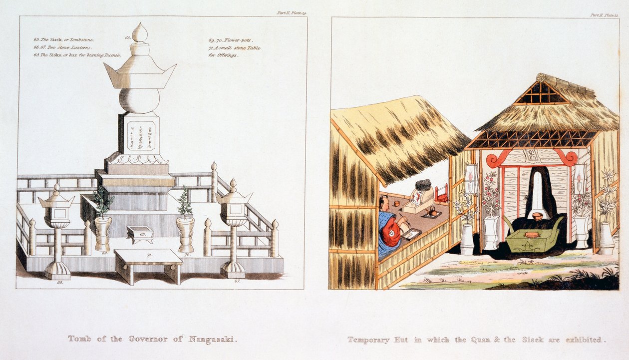 Nagasakis guvernørs grav og andre begravelsesgenstande fra Illustrations of Japan af Issac Titsingh, udgivet London 1822 af Dutch School