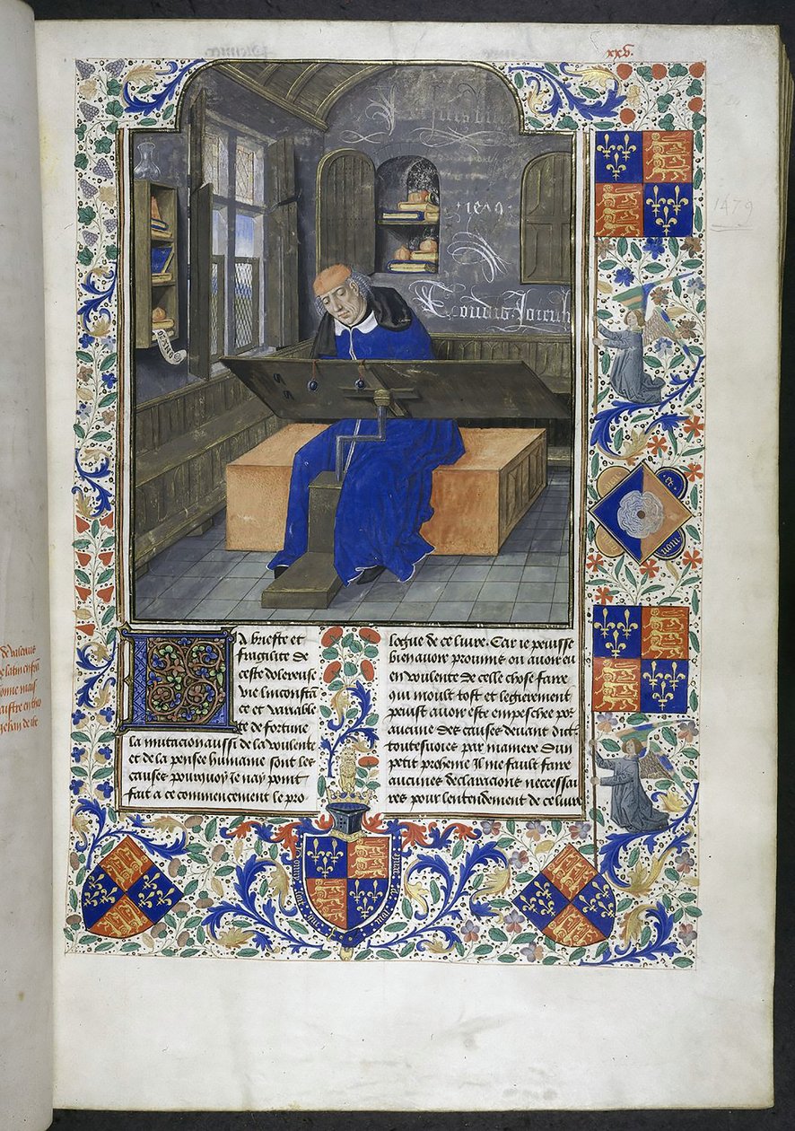 Oversætter på arbejde, fra Facts and sayings memorabilia (eller Les Faits et les Dits des Romains), Royal 18 E III, f.24 af Dutch School