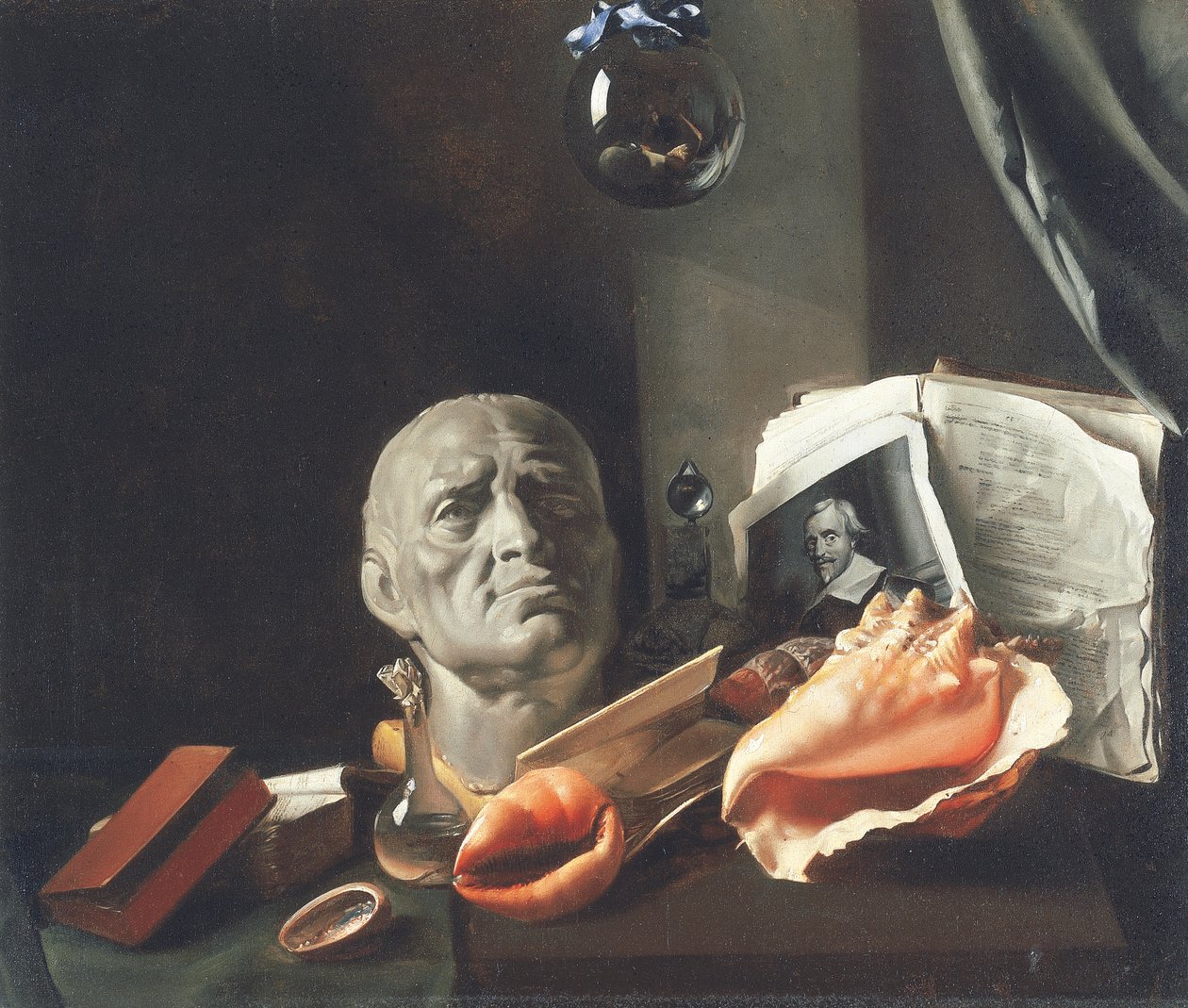 Vanitas stilleben med buste, muslingeskaller, bøger og glasflasker (olie på lærred) af Dutch School