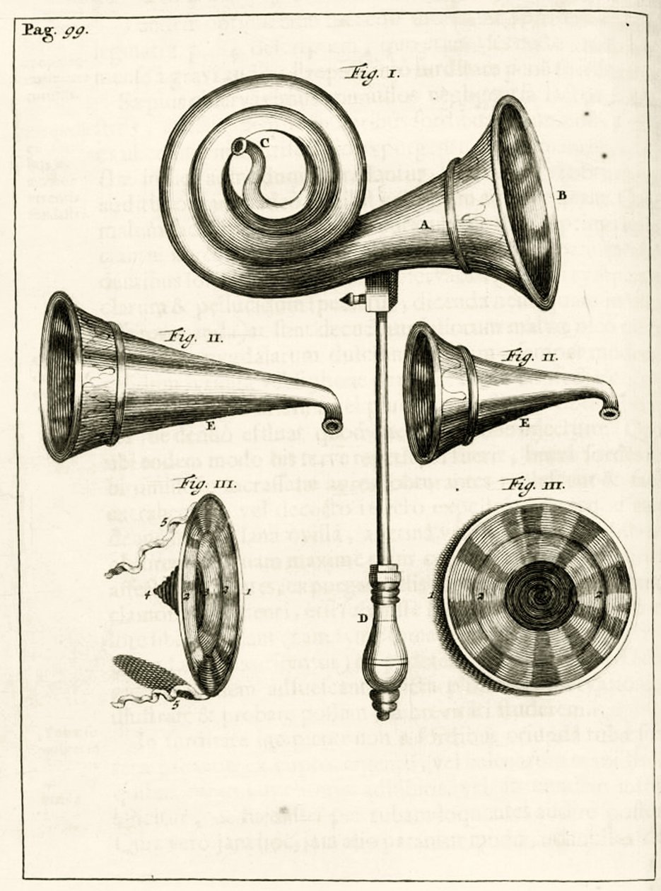 Forskellige høreapparater, fra The Practice of Medicine af Frederik Dekkers, 1694 af Dutch School