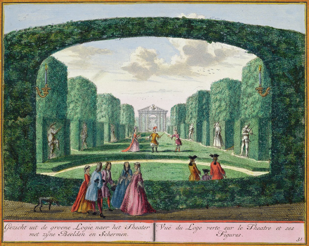 Udsigt fra den grønne loggia til teatret, fra Het Zeganplant Kennemerlant, af Hendrick de Leth og Matthias Brouerius Van Nidek, udgivet ca. 1700-1730 af Dutch School