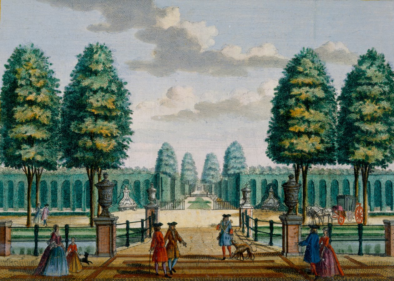 Udsigt fra huset mod frontporten, Meerestein, fra Het Zeganpralent Kennemerlant af Hendrick de Leth og Matthias Brouerius Van Nidek, udgivet ca. 1700-1730 af Dutch School