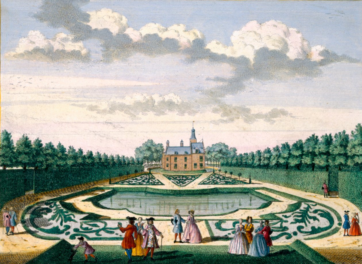 Udsigt over Adrichem House med haven og den store dam, fra Het Zeganpralent Kennemerlant af Hendrick de Leth og Matthias Brouerius Van Nidek, udgivet ca. 1700-1730 af Dutch School