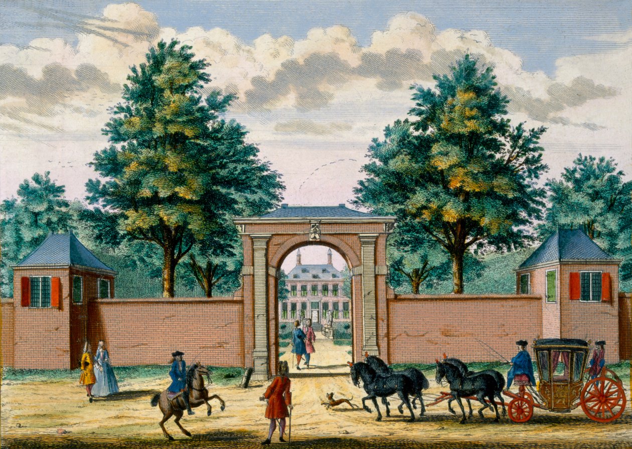 Udsigt over Akredam House, fra Het Zeganpralent Kennemerlant af Hendrick de Leth og Matthias Brouerius Van Nidek, udgivet ca. 1700-1730 af Dutch School