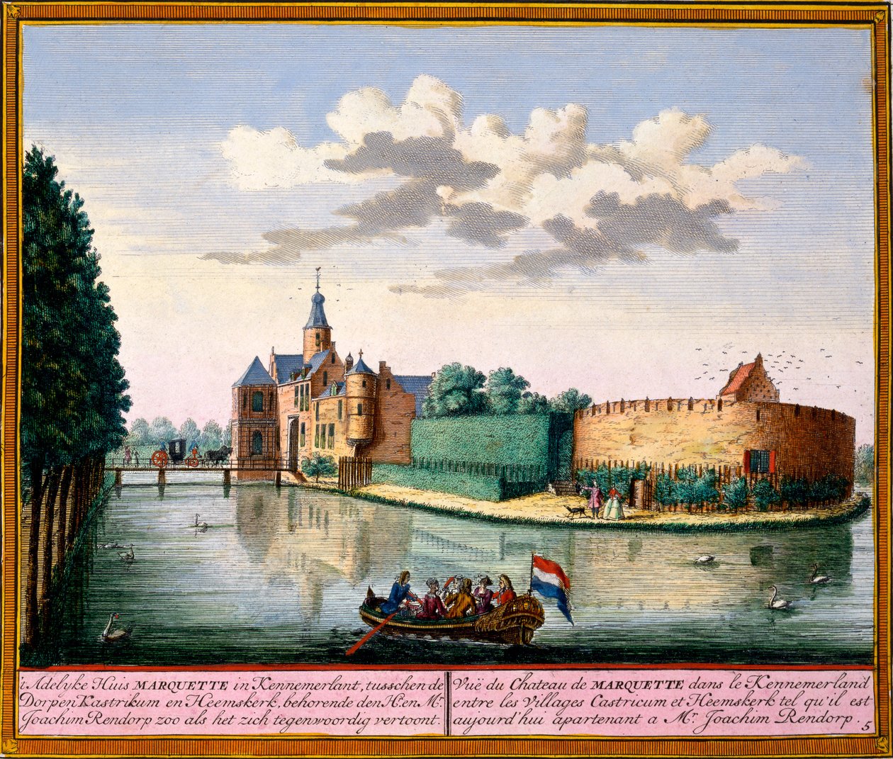 Udsigt over Marquette House, Kennemerland, fra Het Zeganpralent Kennemerlant af Hendrick de Leth og Matthias Brouerius Van Nidek, udgivet ca. 1700-30 af Dutch School
