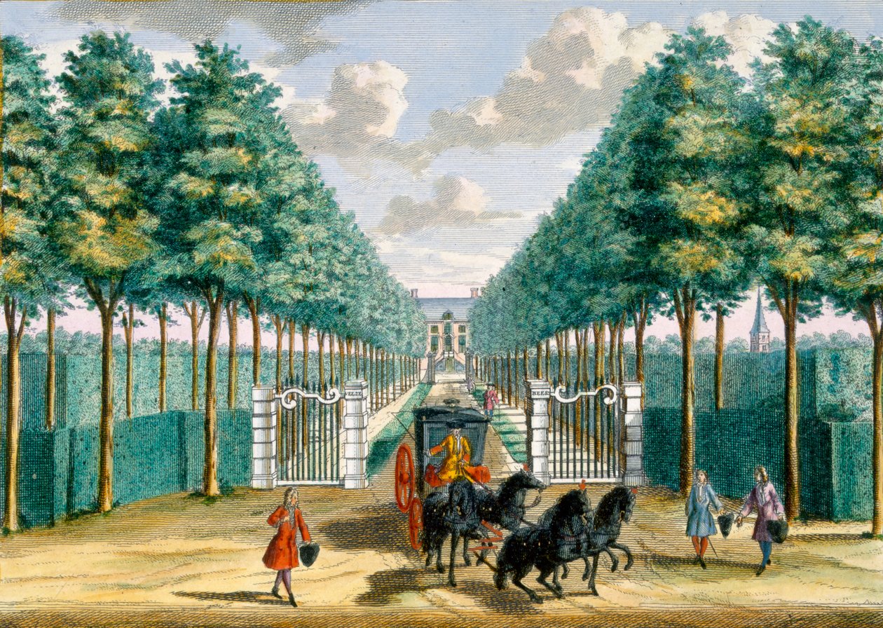 Udsigt over Velserbeek House fra indkørslen og indgangen, fra Het Zeganpralent Kennemerlant af Hendrick de Leth og Matthias Brouerius Van Nidek, udgivet ca. 1700-1730 af Dutch School