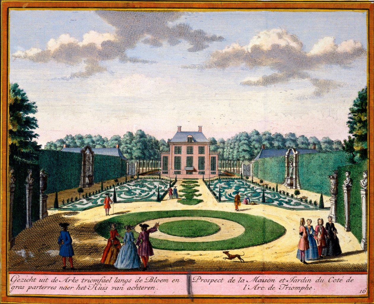 Udsigt over huset og haven tæt på triumfbuen fra Het Zeganpralent Kennemerlant af Hendrick de Leth og Matthias Brouerius Van Nidek, udgivet ca. 1700-30 af Dutch School