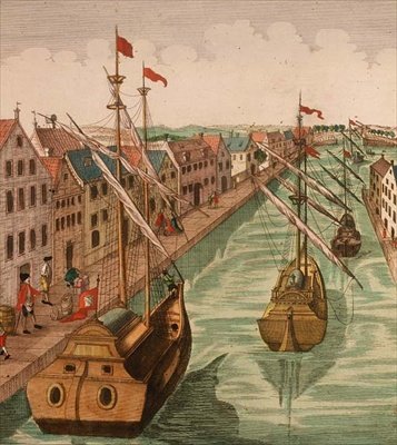Udsigt over Kettle Gate i Delft, detalje af skibsfart på havnekanalen (gravering) (detalje af 83371) af Dutch School