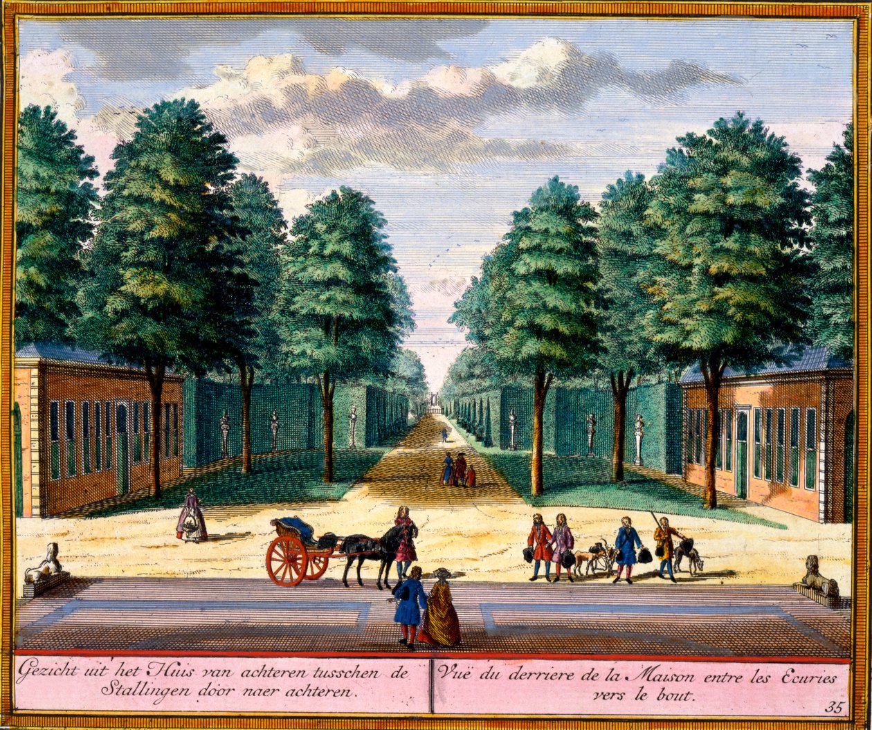 Udsigt til bagsiden af huset mellem staldene, fra Het Zeganpralent Kennemerlant af Hendrick de Leth og Matthias Brouerius Van Nidek, udgivet ca. 1700-30 af Dutch School