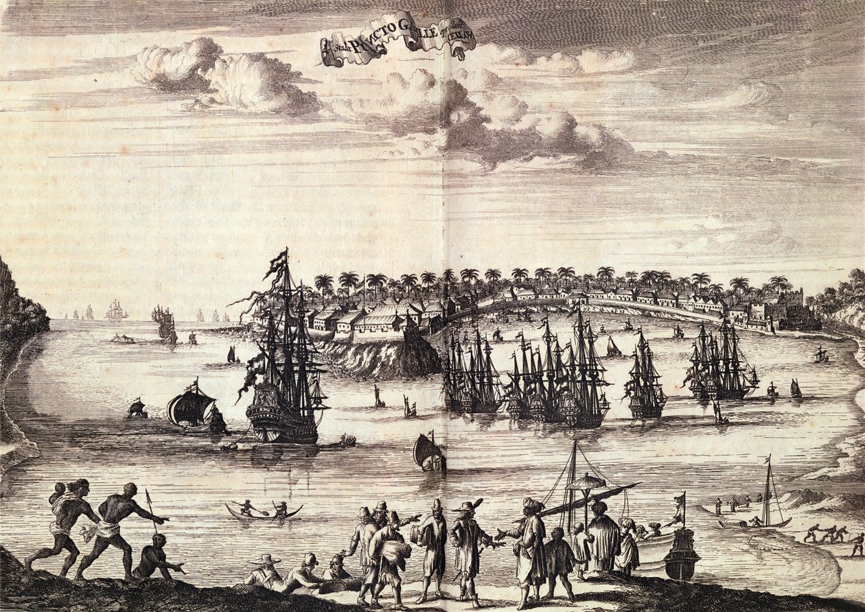 Udsigt over havnen og byen Galle, udgivet i Amsterdam 1676 af Dutch School
