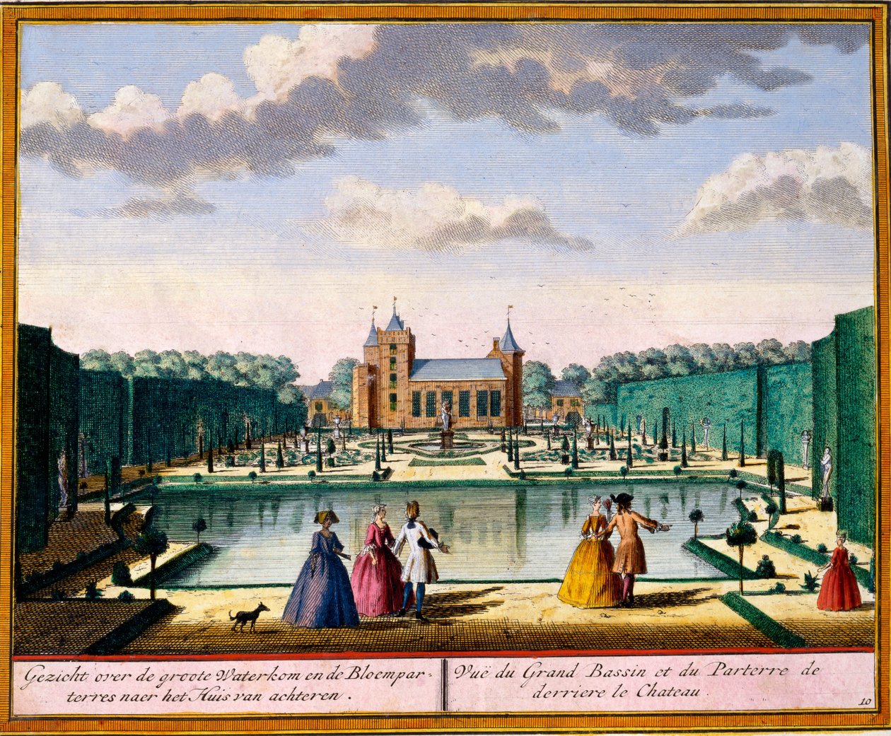 Udsigt over det store bassin og parterre på bagsiden af huset, fra Get Zeganpralent Kennemerland af Hendrik de Leth og Matthias Brouerius Van Nidek, udgivet ca. 1700-30 af Dutch School