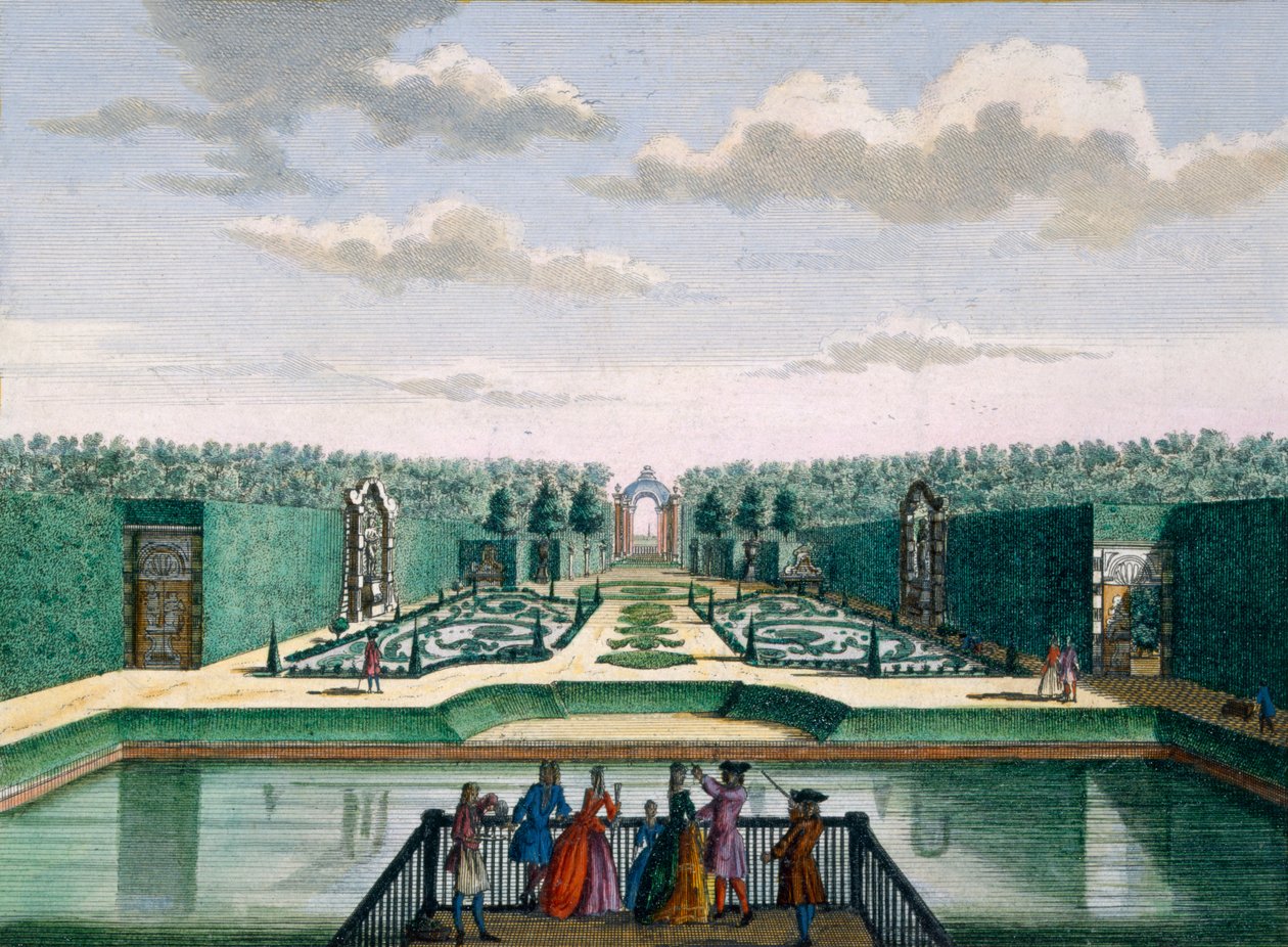 Udsigt over parterren og triumfbuen, Meerestein, fra Het Zeganpralent Kennemerlant af Hendrick de Leth og Matthias Brouerius Van Nidek, udgivet ca. 1700-1730 af Dutch School