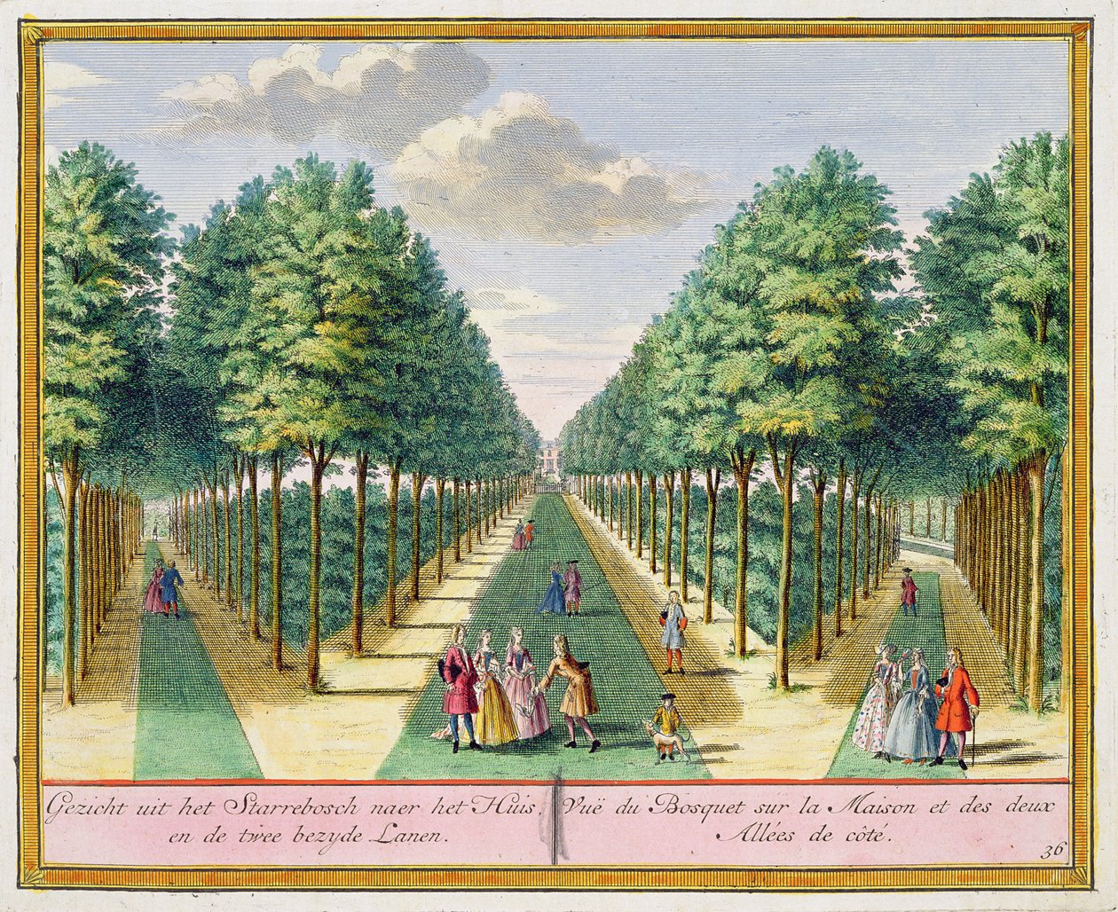 Udsigt over skoven til huset og de to sidegader, Watervliet, fra Het Zegen Pralent Kennemerland, af Hendrik de Leth og Matthias Brouerius Van Nidek, udgivet ca. 1700-1730 af Dutch School