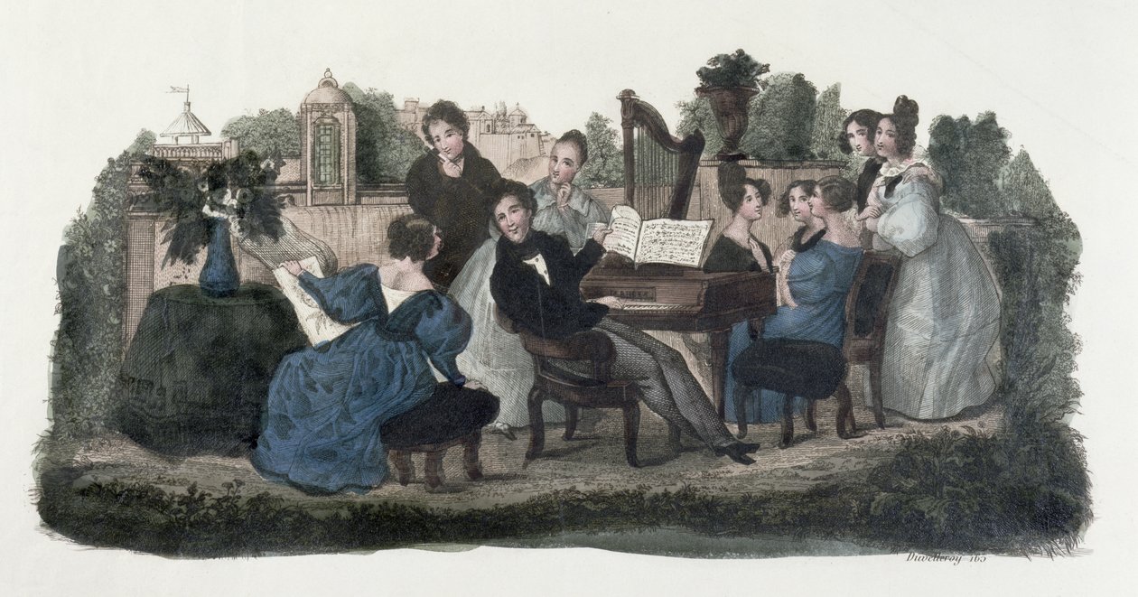 Musikalsk sammenkomst i en have, ca. 1830 af Duvelleroy