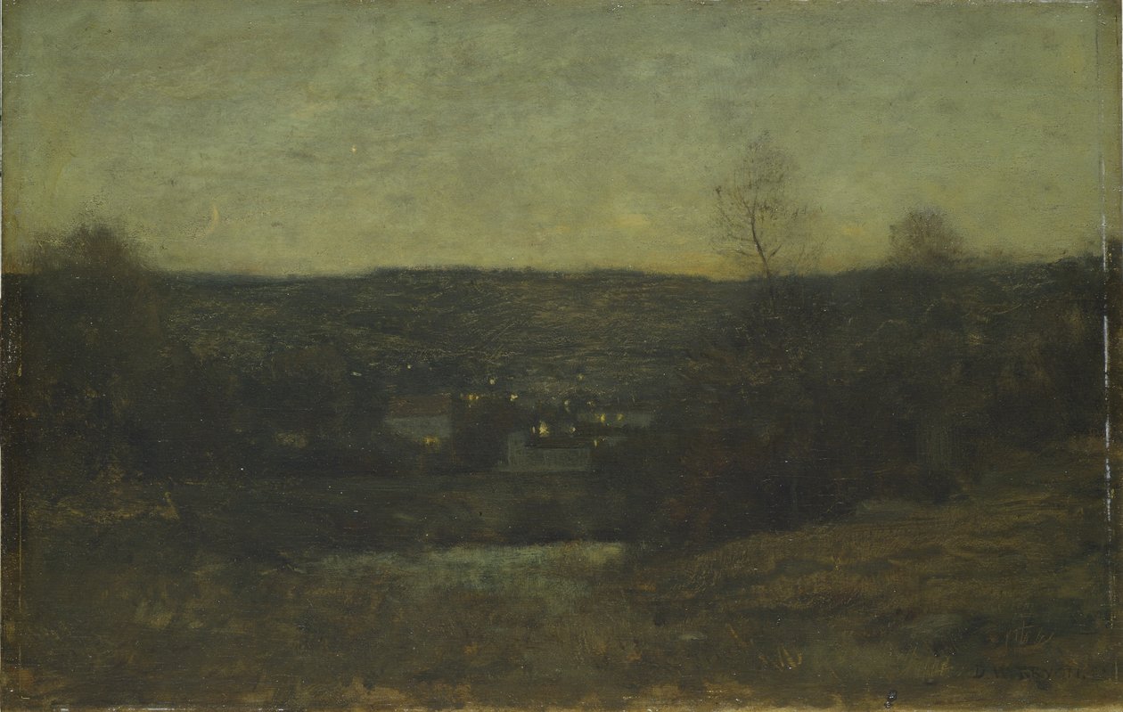 A Lighted Village, ca. 1887 (olie på træpanel) af Dwight William Tryon