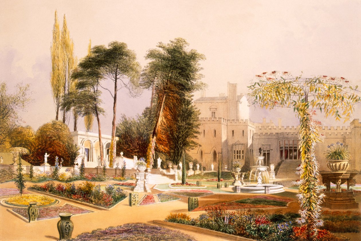 The Parterre in the Gardens at Wilton, sædet for jarlen af Pembroke (chromolitho) af E. Adveno Brooke