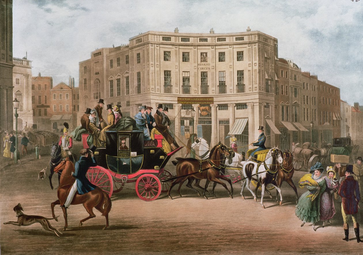 The Age, Brighton Coach at the Bull and Mouth, Regent Circus, Piccadilly, indgraveret af G.V.C. Jagt, 1829 af E. F. Lambert