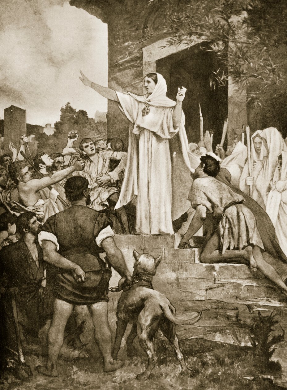 St. Genevieve beroligede pariserne under Attilas nærme, illustration fra 