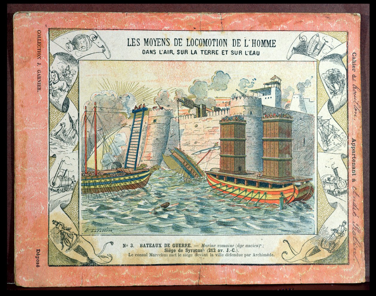 Omslag til skoleøvelsesbog, der illustrerer romernes belejring af Syracusa under konsulen Marcus Claudius Marcellus (268-208 f.Kr.) i 212 f.Kr., ca. 1900 af E. Letellier