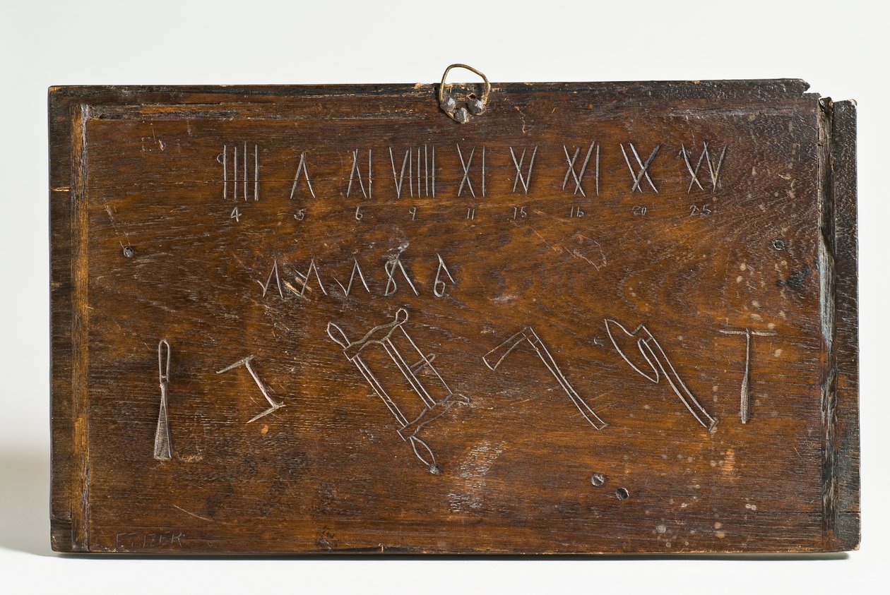 Panel, der viser romertal (eventuelt indskrevet med en racerkniv), ukendte symboler og konturer af en mejsel, ramme- eller buesav, økser og en snegl (eg) (verso af 701106) af E. Tijzer