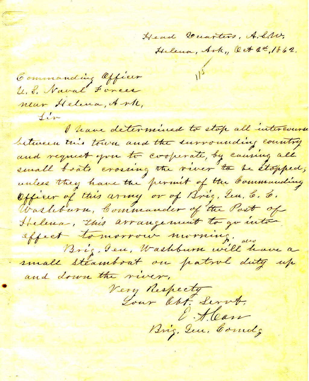 Brev fra E. A. Carr, Helena, Arkansas, til den øverstbefalende for de amerikanske flådestyrker nær Helena, Arkansas, 2. oktober 1862 af E.A. Carr