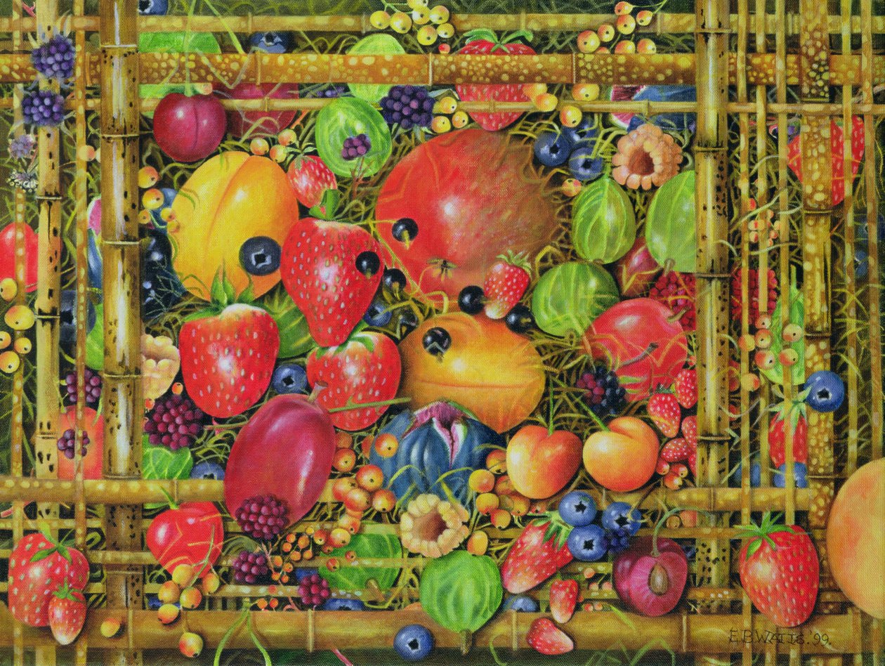 Frugt i bambusæske, 1999 (akryl på lærred) af E.B. Watts