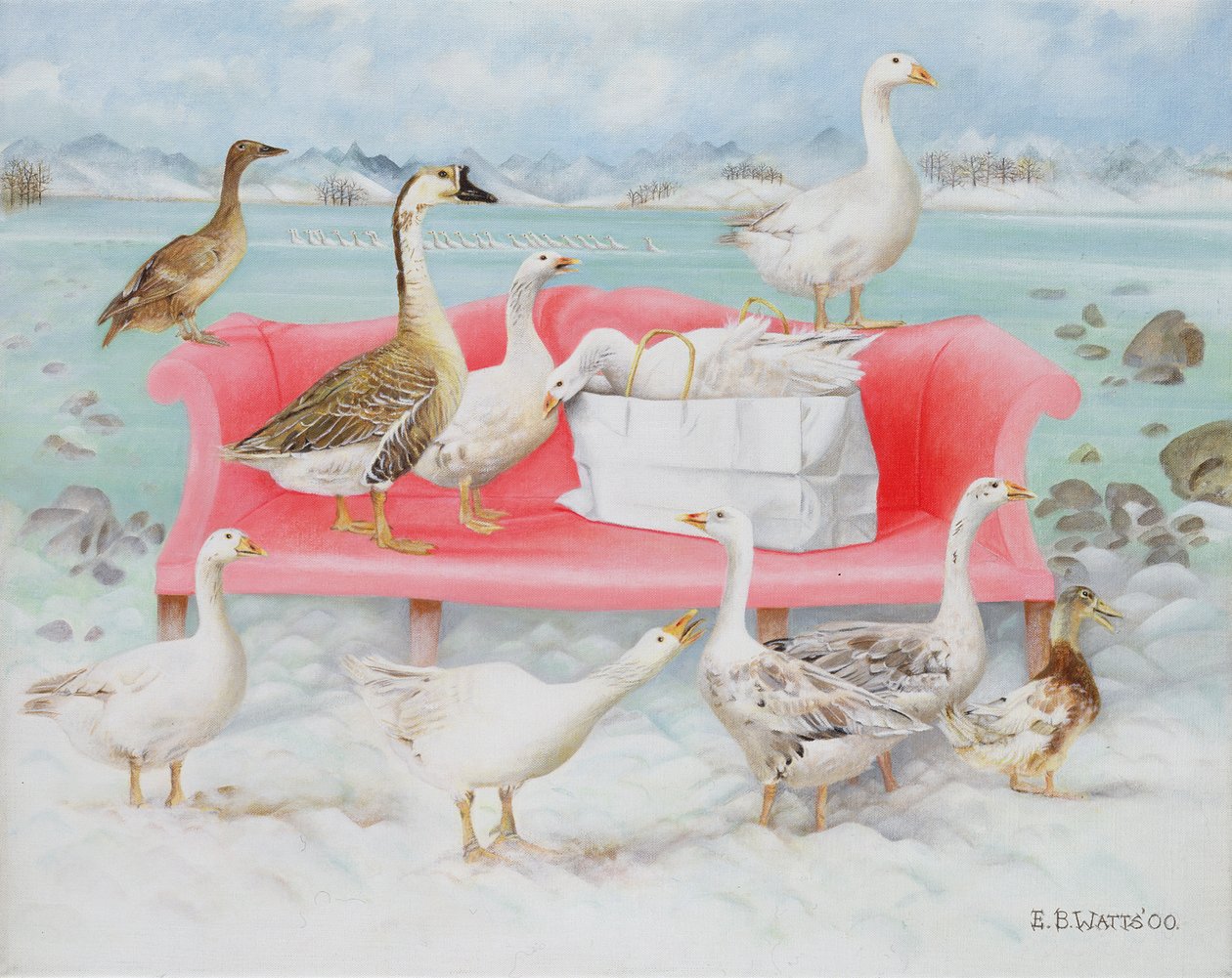 Gæs på lyserød sofa, 2000 (akryl på lærred) af E.B. Watts