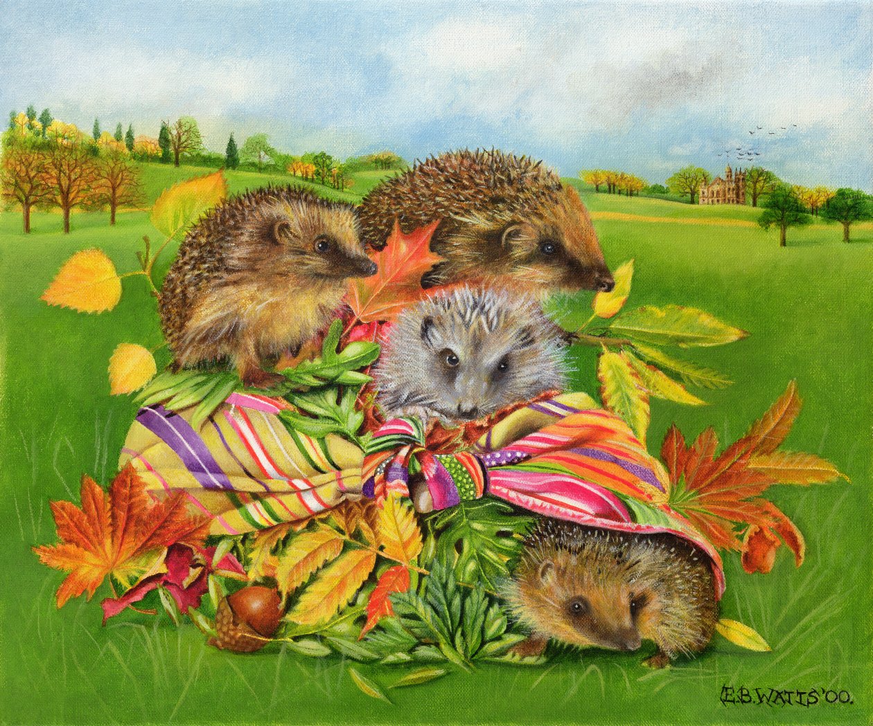 Hedgehogs Inside Scarf, 2000 (akryl på lærred) af E.B. Watts