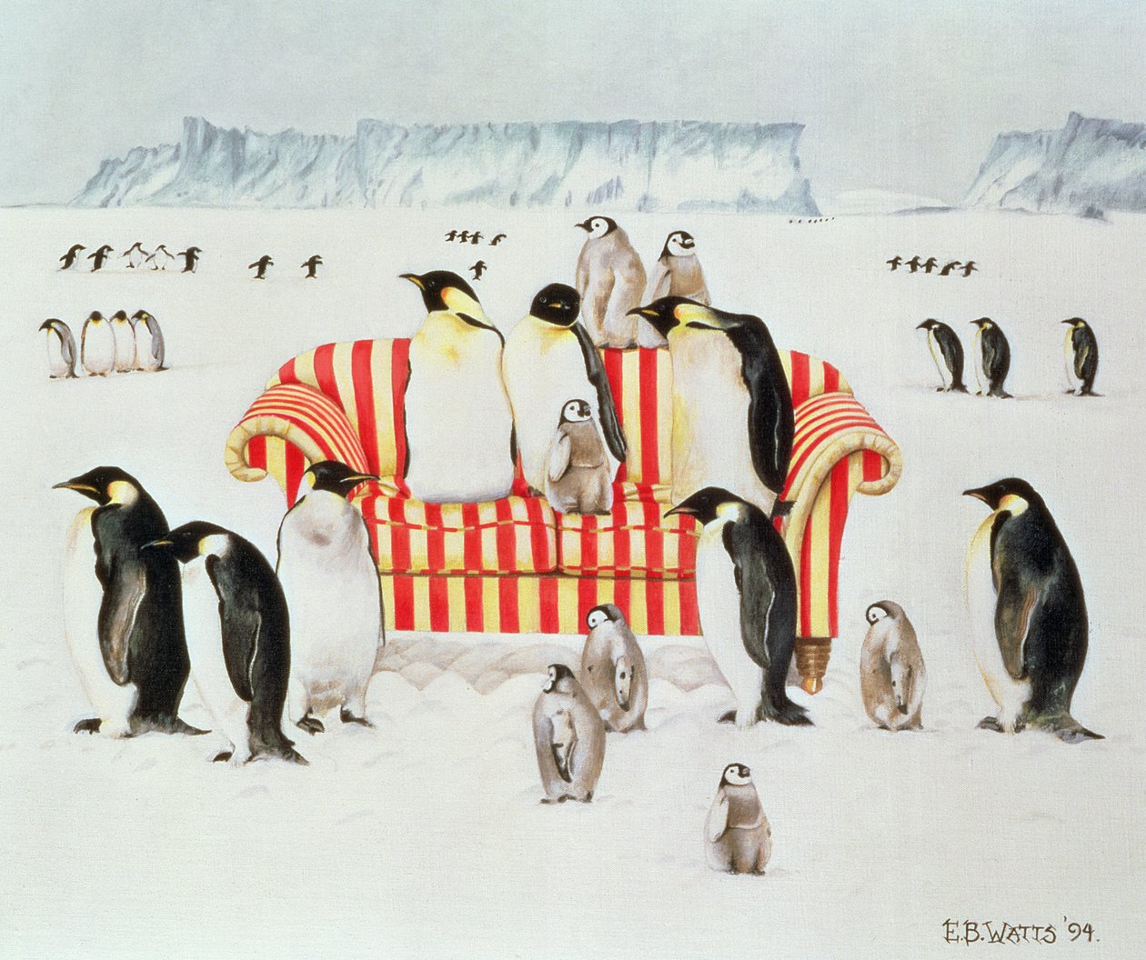 Pingviner på en rød og hvid sofa, 1994 (akryl) af E.B. Watts